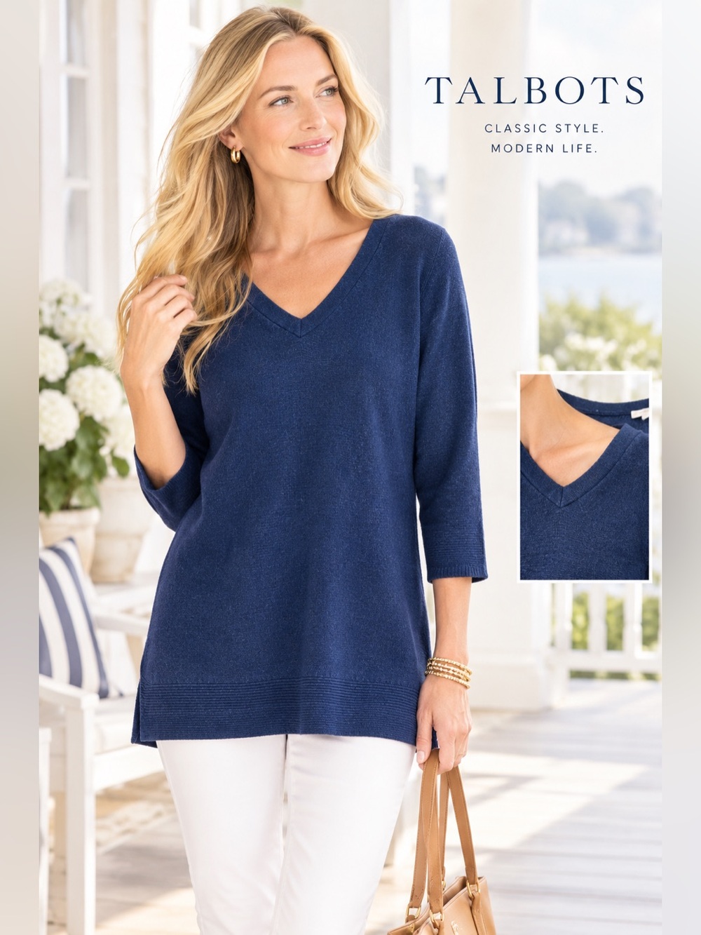 Talbots Women's V-Neck Tunic Knit Sweater - Navy